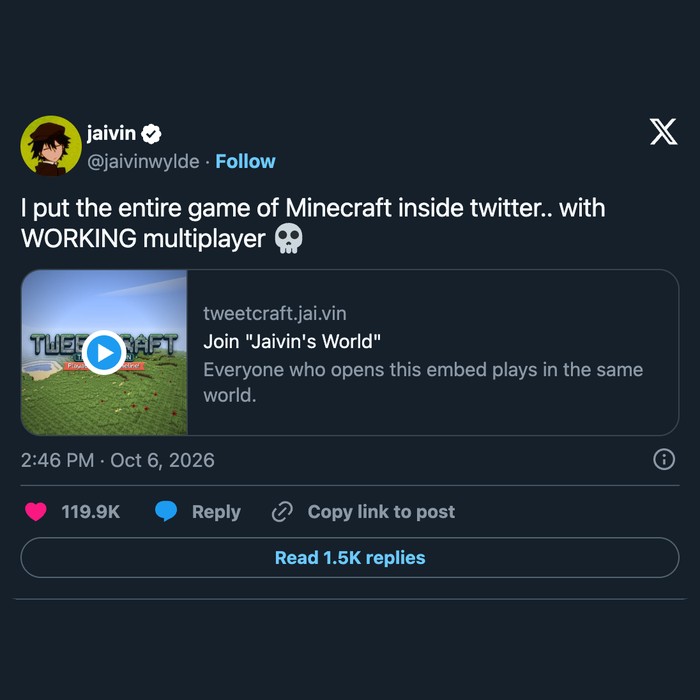 Minecraft running inside an X post