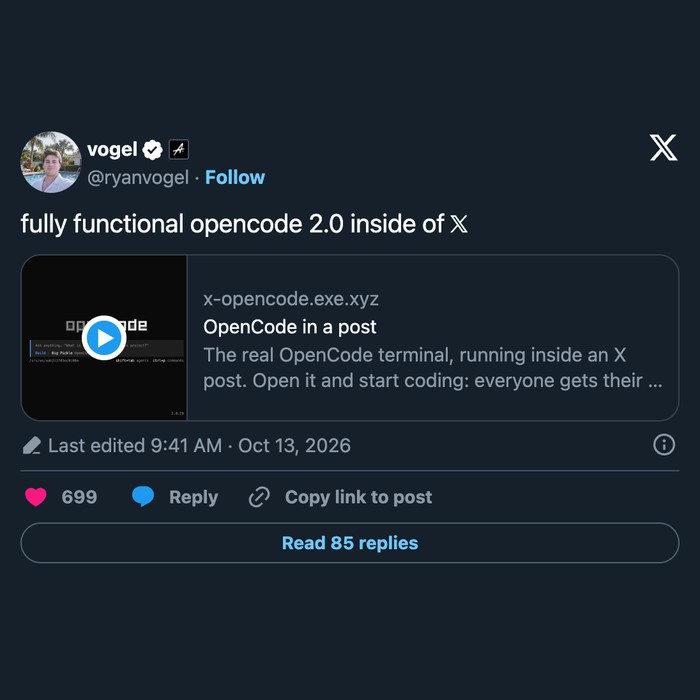 opencode running inside an X post
